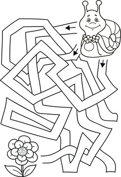 Help the snail to find the flower. Coloring page outline of the cartoon labyrinth. Colorful vector illustration of educational maze game for preschool children, summer coloring book for kids. 