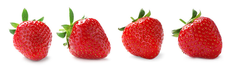 Set with delicious sweet strawberries on white background. Banner design
