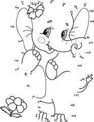 Connect the dots. Elephant. Coloring page outline of the cartoon numbers game. Colorful vector illustration of educational dot to dot game for preschool children, summer coloring book for kids. 