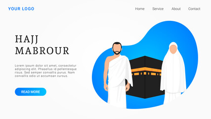 Hajj Mabrour landing page with Kaaba, men and women pilgrimage characters wearing ihram cloth. Modern Islamic background illustration.