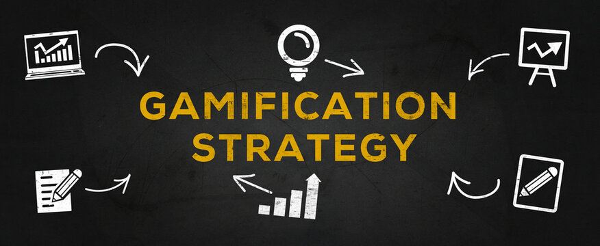 Creative Illustration text Design (gamification strategy) on dark asphalt texture.
