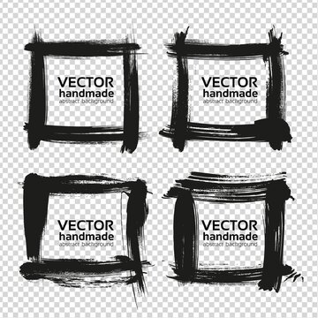 Four square frames from thick black smears isolated on imitation transparent background