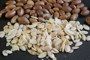 Traditional Moroccan argan nuts. Argan seeds (Argania spinosa). Close up