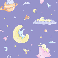 seamless tender pattern good night rabbits on violet background