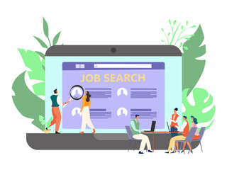 Employment recruitment at business company office, vector illustration. Team worker choose candidates, study questionnaire and resume with magnyfire on cartoon large laptop screen.