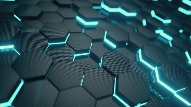Abstract trendy sci-fi technology background with hexagonal pattern. Futuristic surface concept with hexagons. Seamless loop 3d render.