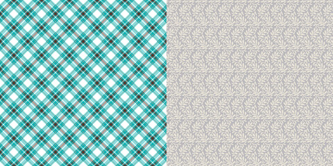 AS_Pattern_set_Seamless_Gray_Floral_Print_Coordinated_Turquoise_Plaid_Background