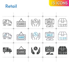 retail icon set. included sale, package, closed, discount, delivery truck icons on white background. linear, bicolor, filled styles.