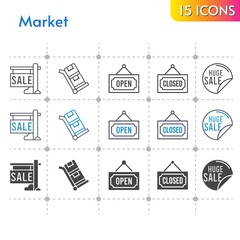 market icon set. included sale, closed, open, trolley icons on white background. linear, bicolor, filled styles.