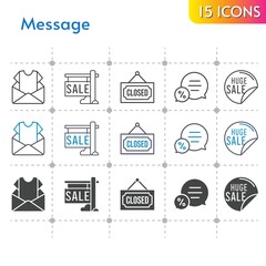 message icon set. included newsletter, sale, chat, closed icons on white background. linear, bicolor, filled styles.