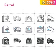 retail icon set. included shopping bag, online shop, shop, delivery truck icons on white background. linear, bicolor, filled styles.