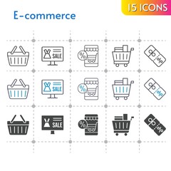 e-commerce icon set. included online shop, shopping cart, discount, shopping-basket, shopping basket icons on white background. linear, bicolor, filled styles.