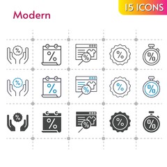 modern icon set. included calendar, online shop, discount, stopwatch icons on white background. linear, bicolor, filled styles.