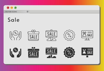 sale icon set. included gift, online shop, sale, discount icons on white background. linear, filled styles.