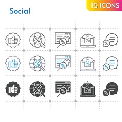 social icon set. included online shop, like, chat, internet icons on white background. linear, bicolor, filled styles.