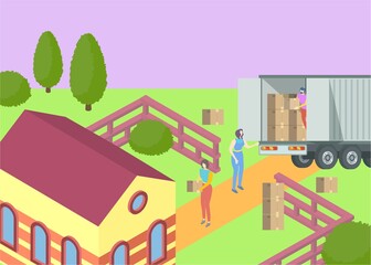 Young family move new own house character people female male unloading truck 3d isometric vector illustration. Private territory place delivery service, household together work carry box things.