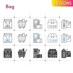 bag icon set. included shopping bag, package, money, shopping cart icons on white background. linear, bicolor, filled styles.