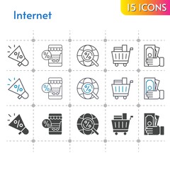 internet icon set. included megaphone, online shop, money, shopping cart, internet icons on white background. linear, bicolor, filled styles.