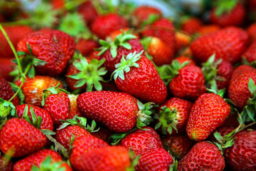Fresh red strawberries with green leaves