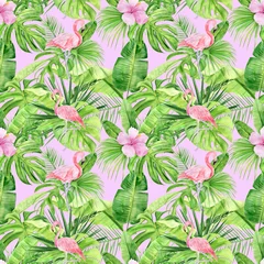 Tuinposter Aquarel illustratie naadloze patroon van tropische bladeren en roze flamingo. Perfect als achtergrondstructuur, inpakpapier, textiel of behangontwerp. Hand getekend © NataliaArkusha