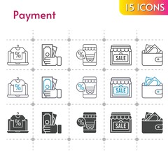 payment icon set. included online shop, shop, wallet, money icons on white background. linear, bicolor, filled styles.