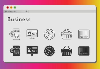 Fototapeta premium business icon set. included online shop, discount, shopping-basket, barcode, shopping basket icons on white background. linear, filled styles.