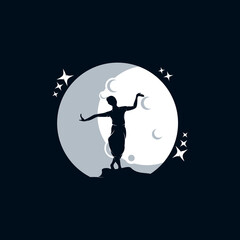 Vector silhouette of girl dancing on the moon logo design