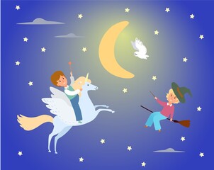 Obraz na płótnie Canvas Male kid character ride unicorn, female person witch flying broom flat vector illustration. Miracle pegasus animal, magical night background. Children dream fairy girl and mage boy.