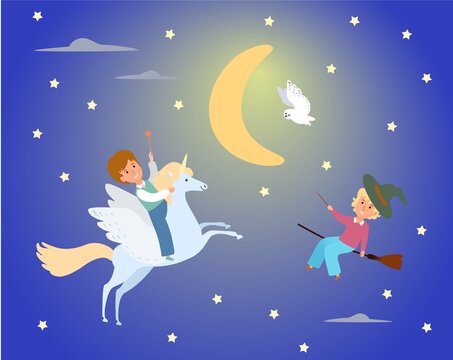 Male kid character ride unicorn, female person witch flying broom flat vector illustration. Miracle pegasus animal, magical night background. Children dream fairy girl and mage boy.