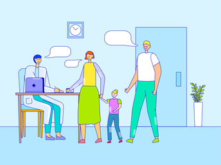 Appointment in medical assistant office, line vector illustration. Family at therapist doctor, parents with little daughter character. Man write note for patient, medical help treatment.