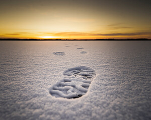 footprints in the snow with sunset