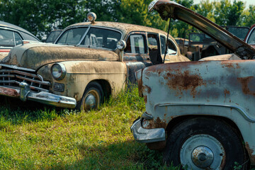 Dump of rusty old vintage cars, retro autos collection.