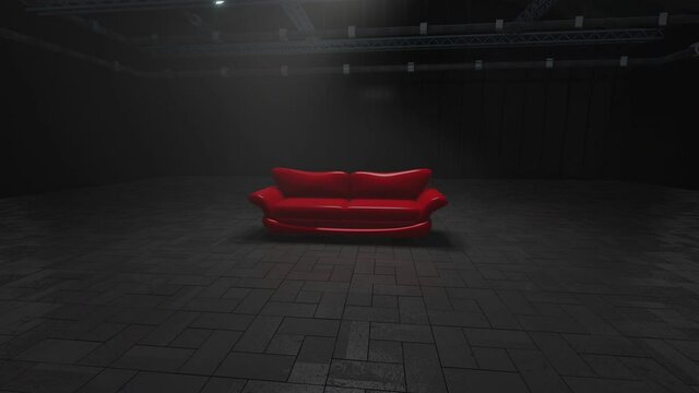 3D rendered animation of shiny red leather sofa in dark room