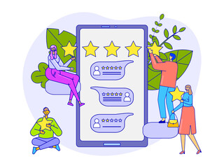 Rating with stars on large smartphone screen, vector illustration. Users man woman characters leave comments with application score, review feedback internet service. Activity at network.