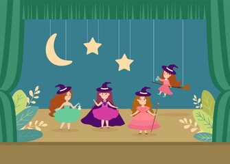 Young woman character school theatre performance flat vector illustration. Children magic little girl casting sorcery art, play kindergarten statement. Eco green scene, live leaf background.