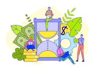 Time management concept, vector illustration. Business people woman man rationally use work hours for professional success. Characters sitt at large hourglass, time management technology.