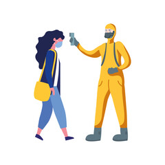 Hand holding thermometer gun checking woman temperature vector design