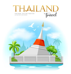 Obraz premium White pagoda with red fabric, ko kret, small island in the Chao Phraya River in Nonthaburi Province, travel thailand, vector illustration