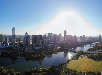 Bright Sunrise Behind Downtown Austin Buildings With Clear Skies