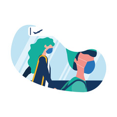 Man and woman with medical mask at airport vector design