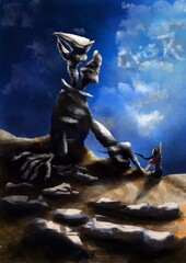 Surreal landscape stone man and girl