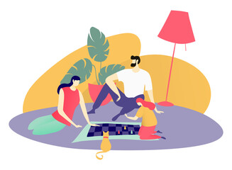 Family play board game, character father mother and daughter spend fun time together isolated on white, flat vector illustration. Cozy room, cat sitting floor lamp and pot house plant.