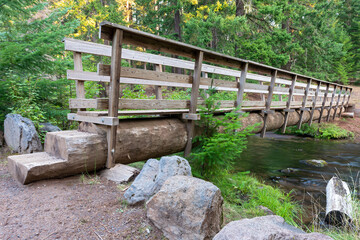 Fototapeta na wymiar A footbridge built on a log crosses the creek in the Clear Creek Crossing Campground, Oregon, USA