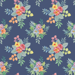 Obraz premium Seamless watercolor pattern. Art watercolor for design, packaging and printing. Bouquets of bright flowers on a blue background.