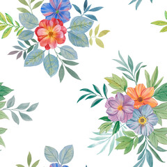 Seamless floral pattern. Art watercolor for design, packaging and printing. Bouquets of bright flowers on a white background.