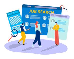 Online job search tiny character male female freelance job seeker isolated on white flat vector illustration. Modern internet human resources person hold magnifying glass looking for remote workplace.