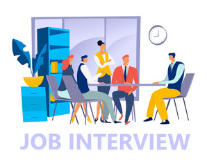 Job interview concept freelance male female character, person looking for workplace isolated on white flat vector illustration. Group people together pass training work activity, modern office space.
