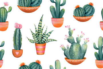 Watercolor hand painted seamless pattern of cactus with pink flower in clay pot. Clipart illustration of houseplant succulent for design background, web template, digital paper, home decor. © LuckPicture