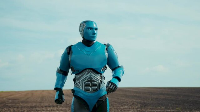 Industrial revolution. Futuristic farm engineer robot artificial intelligent cyborg droid cybernetics walking on field monitoring and scanning situation. Smart agriculture innovations.