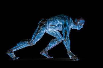 Obraz na płótnie Canvas muscleman anatomy heroic body doing a runner pose in white background